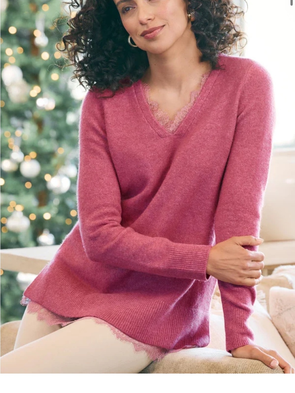 Soft Surroundings Graced In Lace Layered Sweater Pink Berry Heather Size Medium